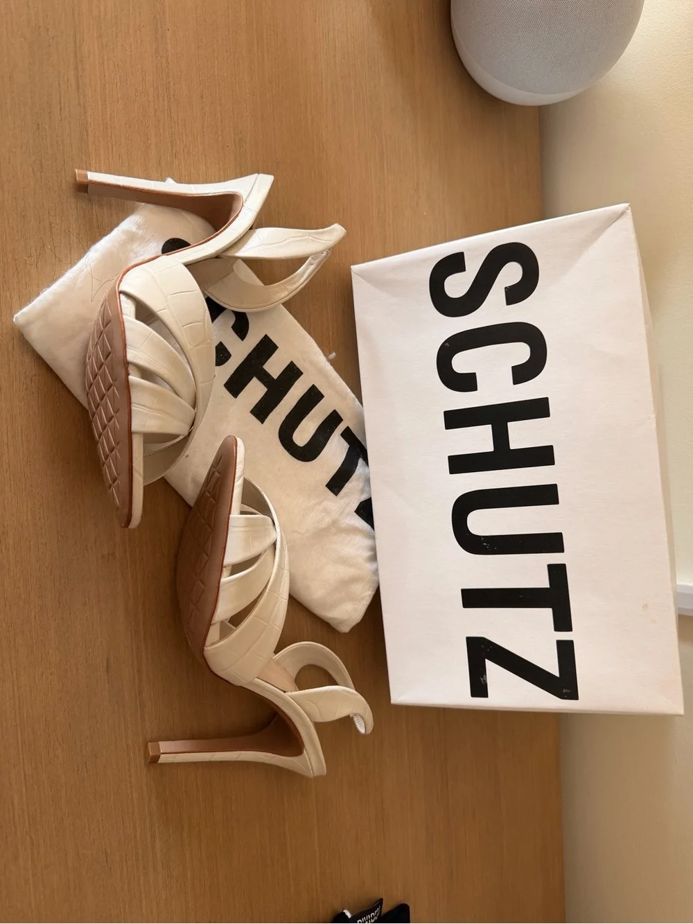SCHUTZ Ivory Croc-Embossed Slingback Heels